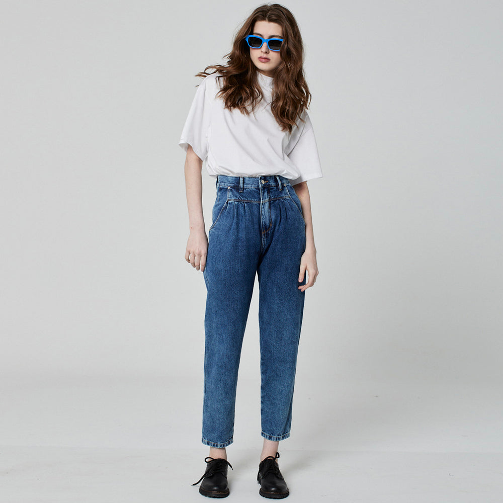 CALÇA PREGAS JEANS AZUL MÉDIO
