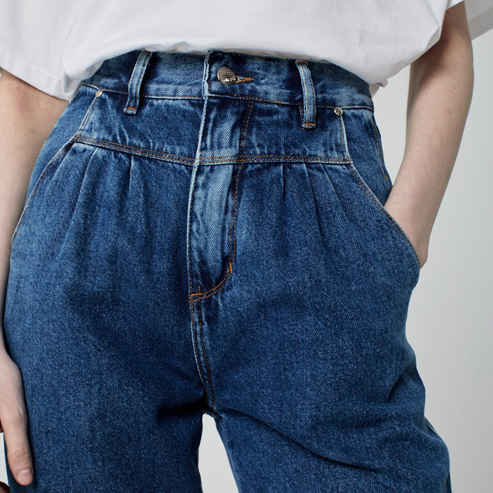 CALÇA PREGAS JEANS AZUL MÉDIO