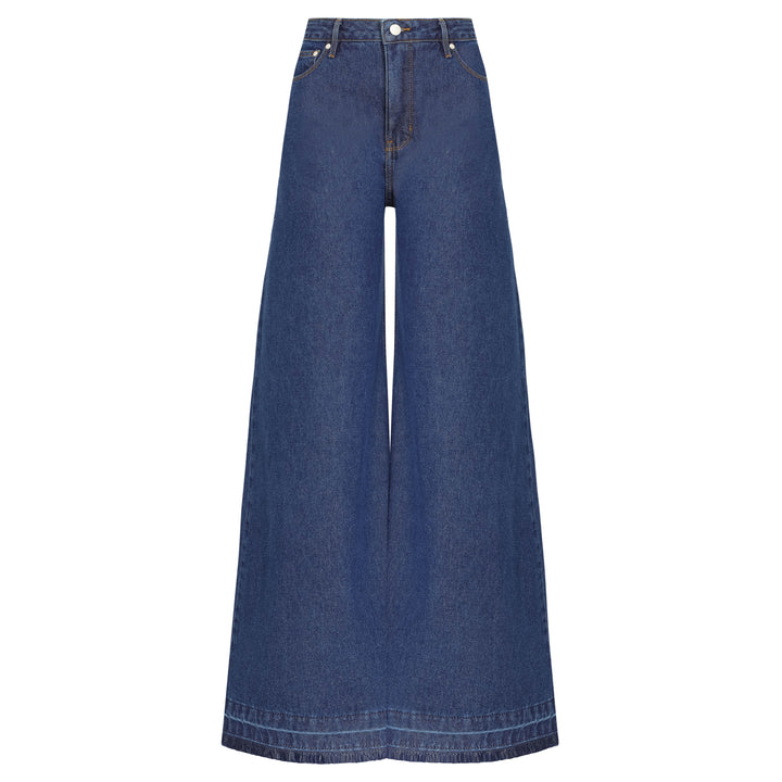 CALÇA SUPER WIDE LEG BARRA DESFEITA JEANS AZUL ÍNDIGO