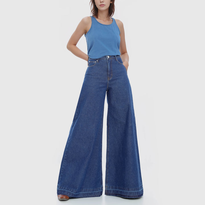 CALÇA SUPER WIDE LEG BARRA DESFEITA JEANS AZUL ÍNDIGO
