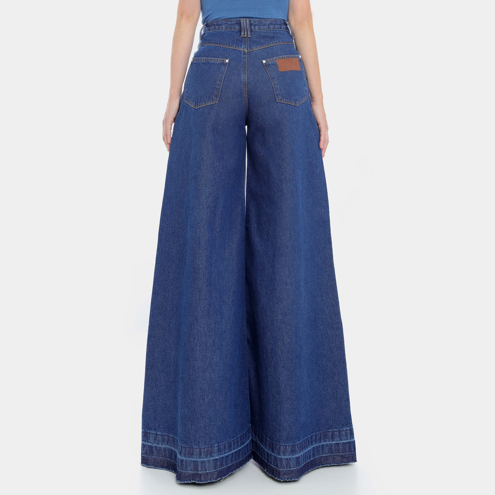 CALÇA SUPER WIDE LEG BARRA DESFEITA JEANS AZUL ÍNDIGO