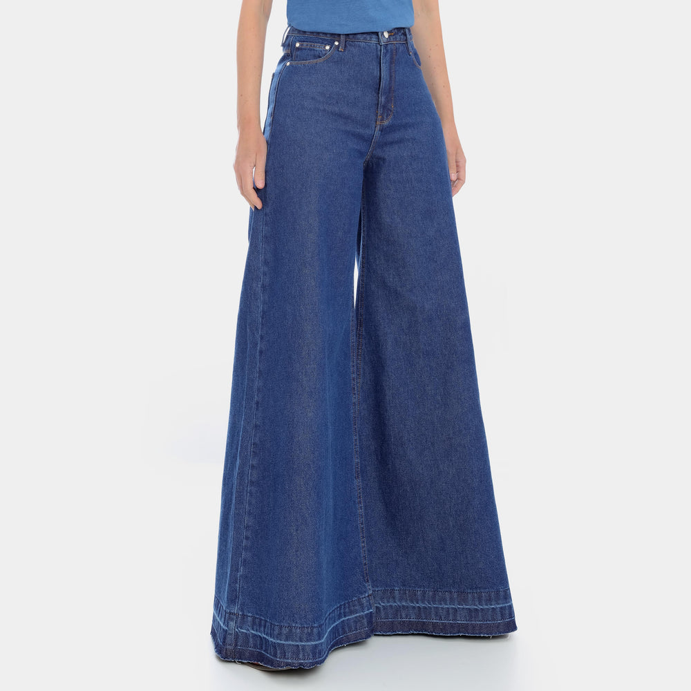 CALÇA SUPER WIDE LEG BARRA DESFEITA JEANS AZUL ÍNDIGO