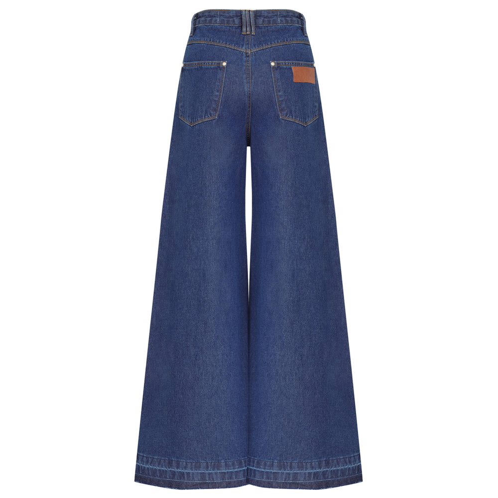 CALÇA SUPER WIDE LEG BARRA DESFEITA JEANS AZUL ÍNDIGO